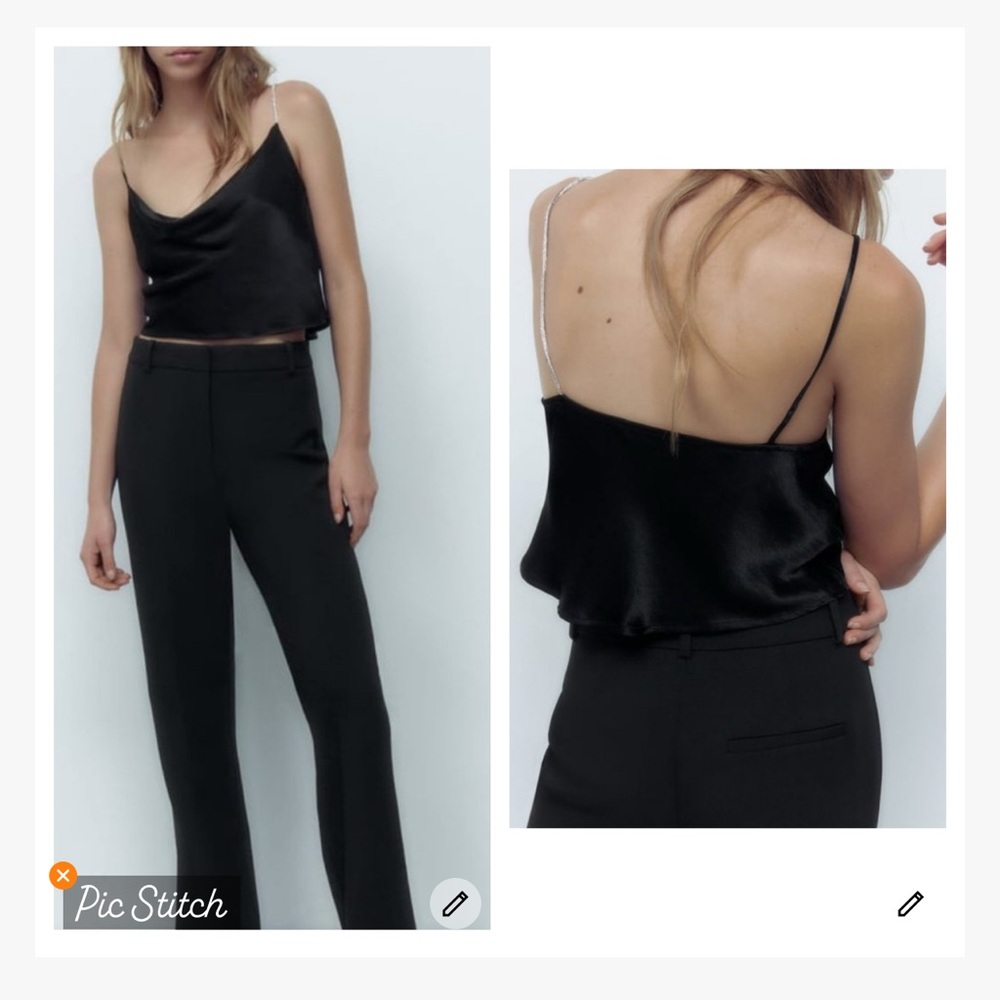 Zara Black Satin Rhinestone Strap Camisole